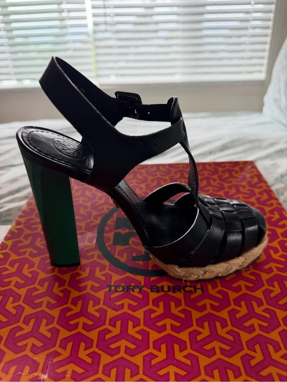 Tory Burch Black T-strap Platform Sandal with Green Block Heel